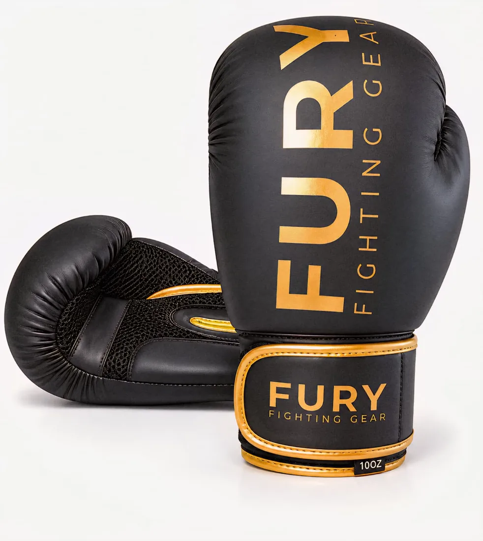 Black and gold FURY FIGHTING GEAR boxing gloves
